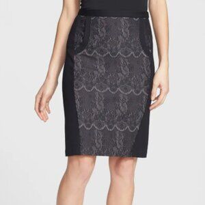 Halogen Black Stretch Knit Lace & Ponte Colorblock Panels Pencil Skirt 4 Petite